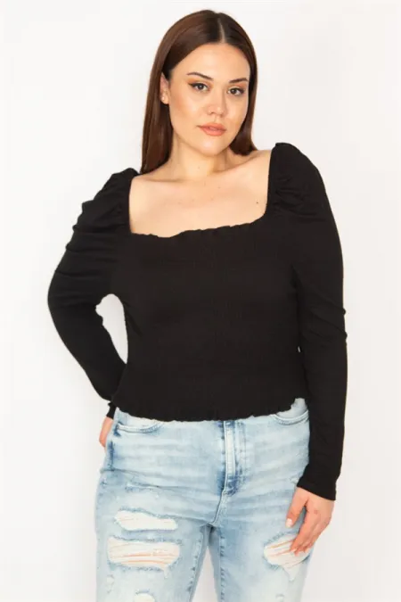 KADIN SİYAH BEDEN KISMI GİPE LASTİKLİ KARMEN YAKA UZUN KOLLU CROP BLUZ