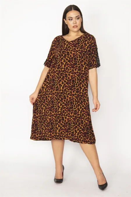 Kadın Leo Dantel Detaylı V Yakalı Leopar Desenli Elbise 65N29933