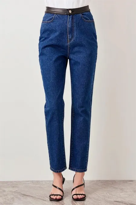 Kadın Mavi , Deri Detaylı , Yüksek Bel Kot Pantolon