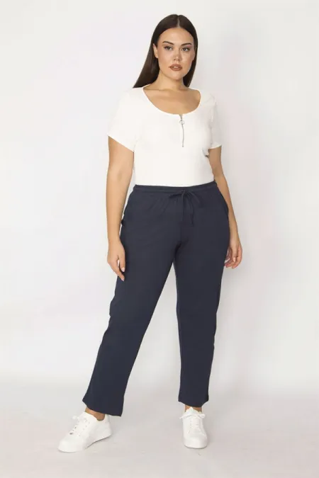 Kadın Lacivert Pamuklu Kumaş Beli Lastik Ve Bağcık Detaylı Yan Spor Pantolon 65N29223