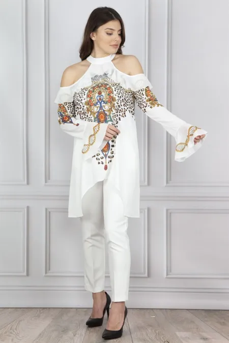 Chemisier femme à épaules dénudées et broderies de pierres 26N14543