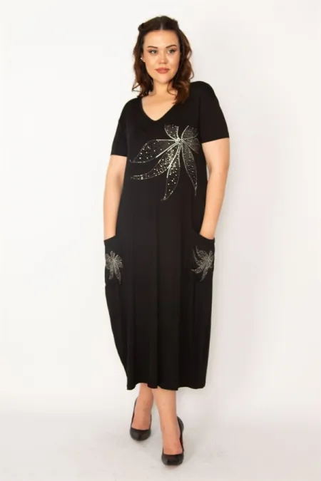 Kadın Siyah Taş Detaylı V Yaka Viskon Elbise 65N33183