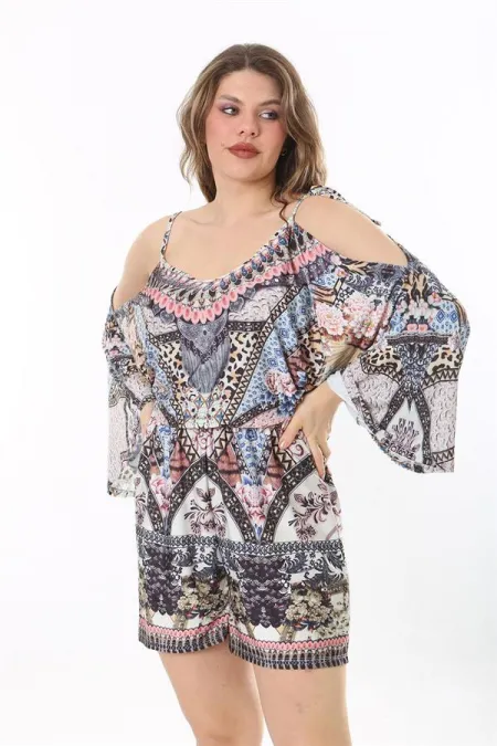 Kadın Büyük Beden Renkli Omuz Dekolteli Şort Tulum 65N37993