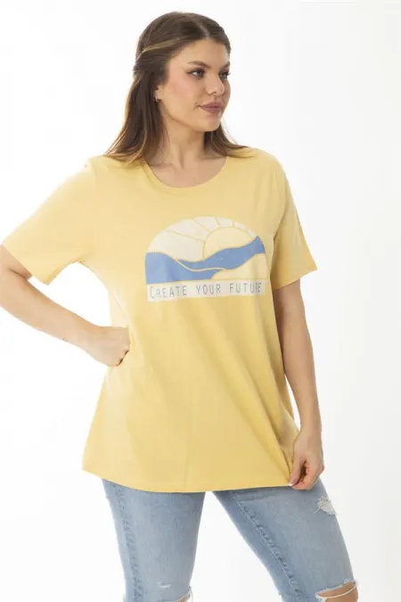 Kadın Büyük Beden Sarı Pamuklu Kumaş Ön Baskılı Bluz 65N37097