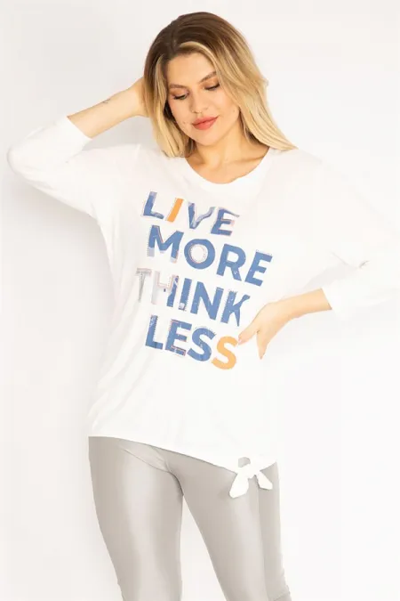 Kadın Kemik Önü Taş Ve Baskılı Yan Bağcık Detaylı Uzun Kollu Bluz 65N35350