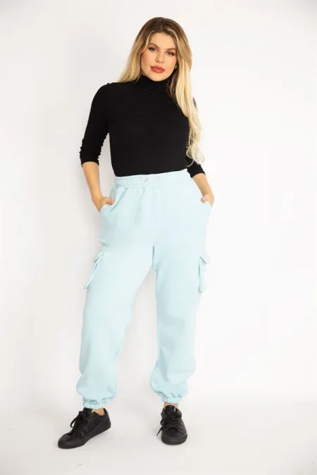 Kadın Mavi İçi Şardonlu 3 İplik Kargo Cepli Eşofman Alt 65N35097