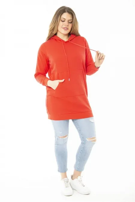 Women's Plus Size Red Double-Thread Hooded Sweatshirt with Raised Inside 65N37160