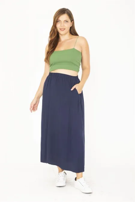 Kadın Büyük Beden Lacivert Beli Lastikli Yan Cepli Etek 65N36806