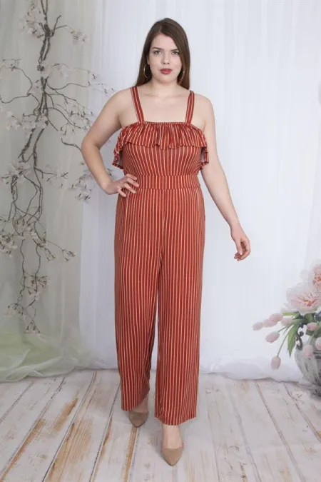 Kadın Tarçın Çizgili Volan Detaylı Askılı Tulum 65N23736