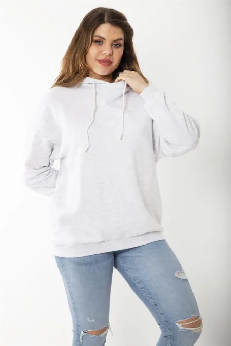 Women's Plus Size Gray Three-Thread Hooded Sweatshirt with Back Print 65N37204