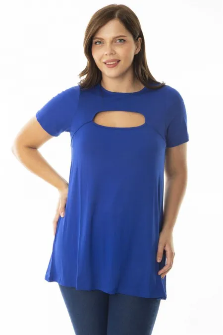 Kadın Büyük Beden Saks Göğüs Detaylı Bluz 65N36925