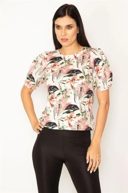 KADIN RENKLİ ÇİÇEK DESENLİ KOL DETAYLI BLUZ