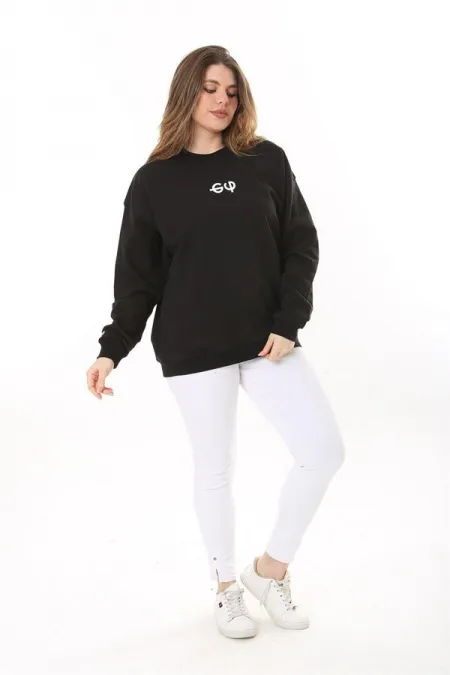 Kadın Büyük Beden Siyah Pamuk Kumaş Arka Baskılı Sweatshirt 65N37618