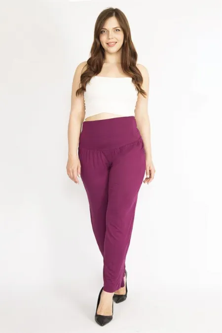 Kadın Mürdüm Büyük Beden Geniş Korsaj Kemerli Eşofman Alt