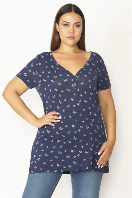 Kadın Lacivert Ön Pat Düğmeli V Yakalı Kelebek Desenli Bluz 65N27850