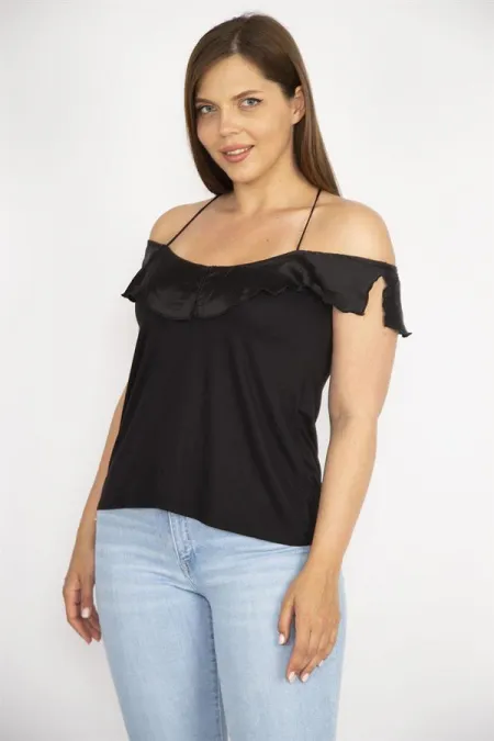 Kadın Siyah Büyük Beden Sırt Çapraz Askılı Yakası Volanlı Bluz