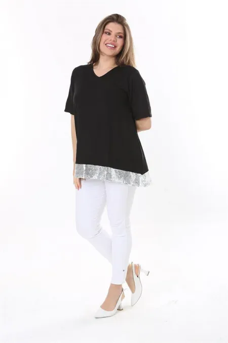 Büyük Beden Siyah Pul Payet Detaylı Bluz