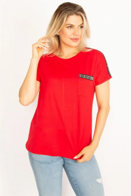 Kadın Kırmızı Omuz Ve Cep Ağzı Taş Detaylı Bluz 65N34524