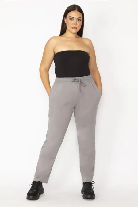 Kadın Gri Beli Lastik Ve Kuşgözü Kaytan Detaylı Cepli Spor Pantolon 65N29152