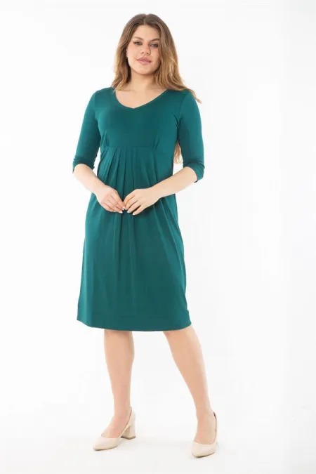 Kadın Büyük Beden Yeşil Büzgü Ve Pile Detaylı Kapri Kollu Elbise 65N37352
