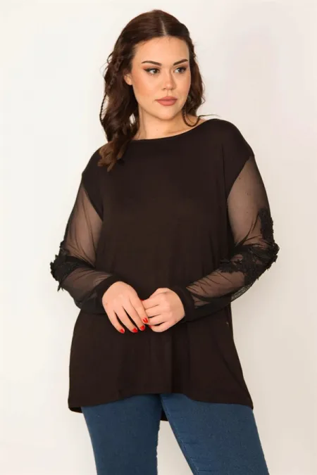 Kadın Siyah Kolları Tül Ve Dantel Detaylı V Yakalı Bluz 65N34692