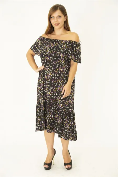 Kadın Büyük Beden Renkli Dokuma Viskon Kumaş Yakası Lastik Ve Volan Detaylı Elbise 65N36916