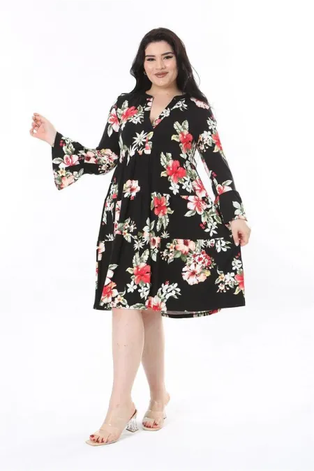 Kadın Büyük Beden Siyah V Yakalı Uzun Kollu Katlı Elbise 65N37944