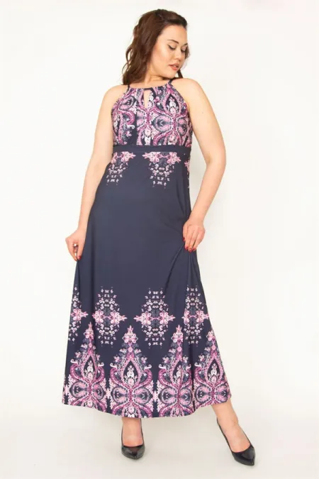 KADIN LACİVERT ÖPÜCÜK YAKA ASKILI ELBİSE