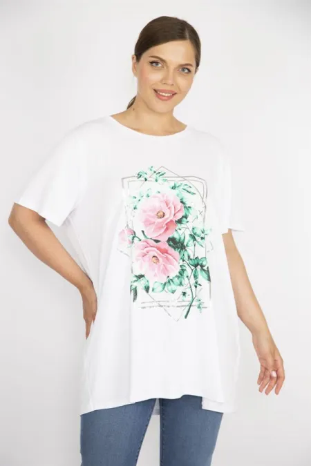 Kadın Beyaz Büyük Beden Rahat Kesim Bisiklet Yakalı Ön Baskılı Tunik