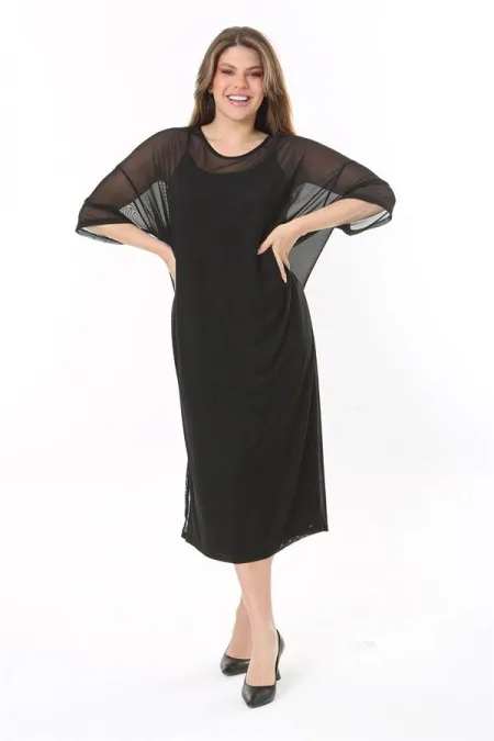 Kadın Büyük Beden Siyah İçi Askılı İki Parça Tül Elbise 65N37774