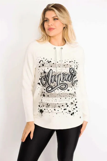 Women's Bone Collar Eyelet Lace-Up Stone and Print Detailed Sweatshirt 65N34993