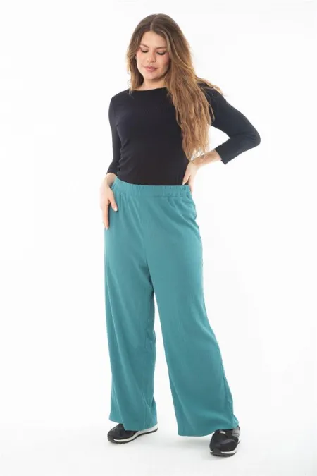 Kadın Büyük Beden Siyah Beli Lastikli Geniş Paçalı Bürümcük Pantolon 65N37315