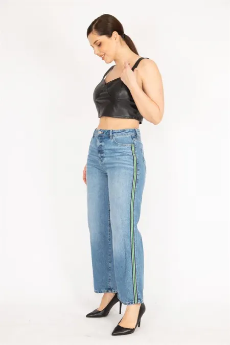 Kadın Mavi Büyük Beden Yan Şeritli 5 Cep Kot Pantolon