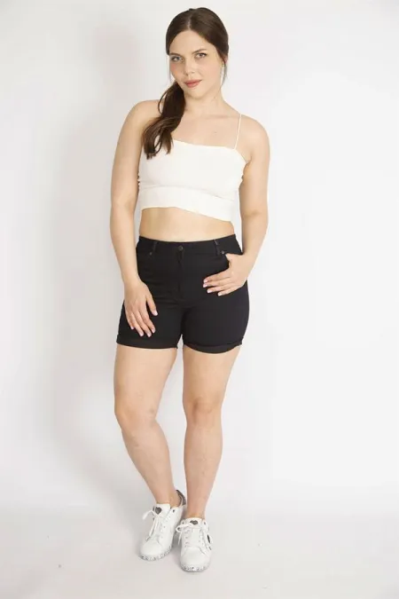 Kadın Siyah Büyük Beden Duble Paça Likralı Skınny Kot Şort