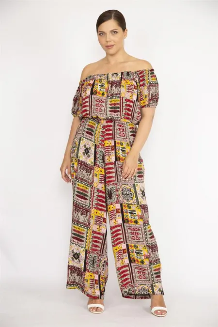 Kadın Bordo Büyük Beden Yaka Beli Lastik Detaylı Dokuma Viskon Kumaş Renkli Tulum