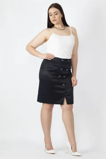 Kadın Lacivert Diagonal Saten Kumaş Düğme Detaylı Arka Bel Lastikli Etek 65N16670