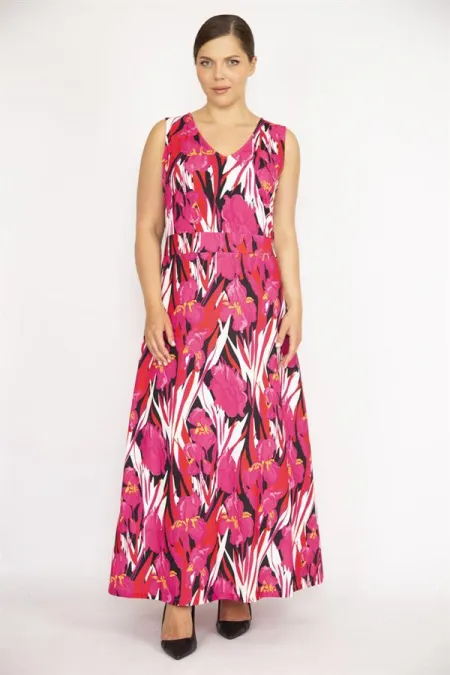 Kadın Büyük Beden Fujya V Yakalı Kolsuz Uzun Elbise