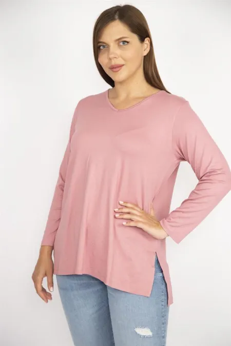 Kadın Somon Büyük Beden V Yakalı Yan Yırtmaçlı Uzun Kollu Bluz