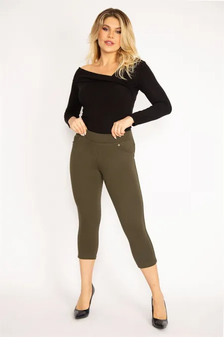 Kadın Haki Ön Süs Cep Ve Arka Cepli Tayt Kapri 65N34887