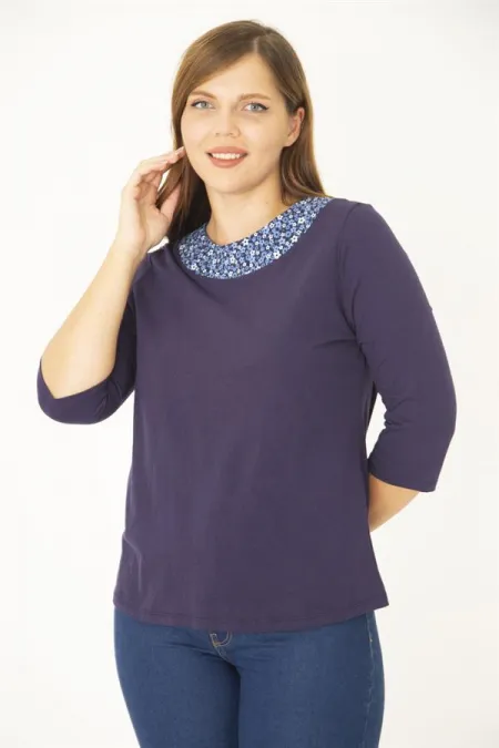 Kadın Büyük Beden Lacivert Pamuklu Kumaş Yaka Detaylı Bluz 65N36964