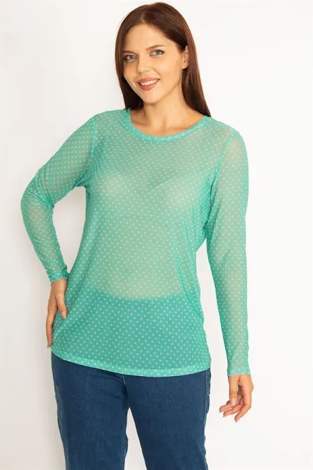 Kadın Yeşil Puan Desenli Tül Bluz 65N34576