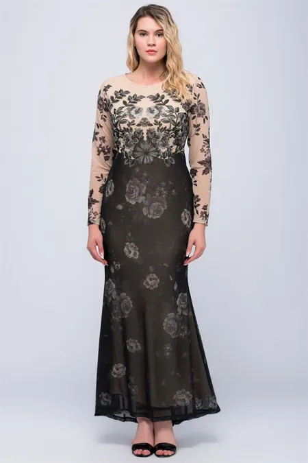 ROBE DE SOIRÉE EN MOUSSELINE DE SOIRÉE BEIGE BRODÉE DE PIERRES POUR FEMME T11/19