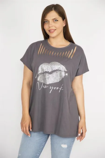 Kadın Füme Büyük Beden Lazer Kesim Ve Lak Baskı Detaylı Düşük Kollu Rahat Kesim Bluz