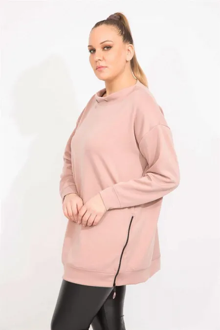Kadın Pudra Büyük Beden Yakası Kuşgözü Ve Yan Fermuar Yırtmaçlı Sweatshirt 65N35611