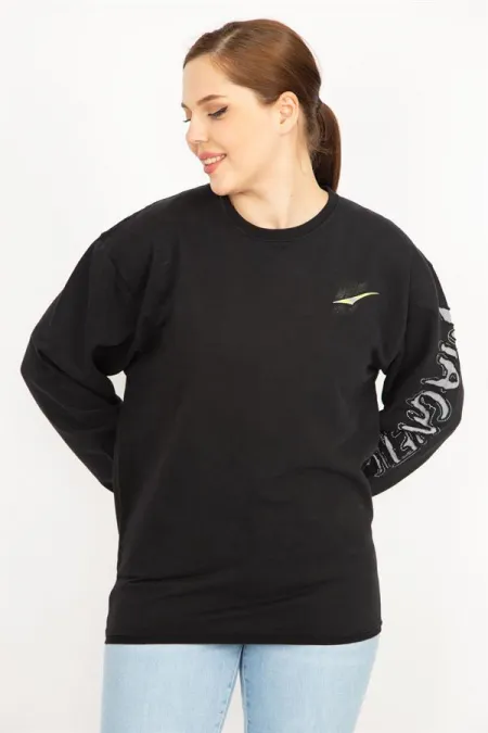 Women's Black Plus Size Cotton Fabric Sleeve Detailed Sweatshirt