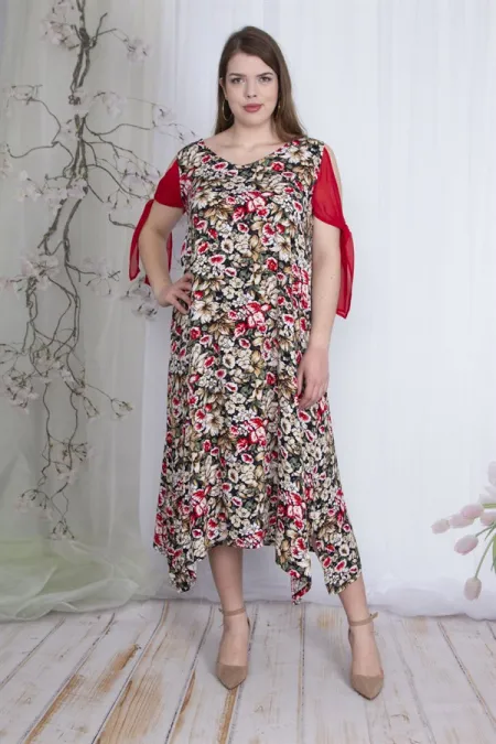 Kadın Kırmızı Kol Detaylı Çiçek Desenli Elbise 65N23462