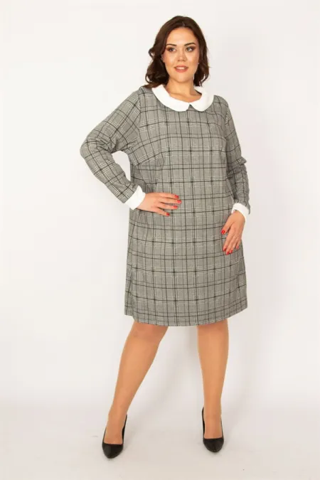 KADIN GRİ BEBE YAKA EKOSE DESENLİ ELBİSE