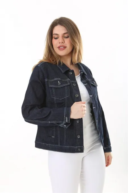 Kadın Büyük Beden Lacivert Ön Düğmeli Likralı Kot Mont 65N37576