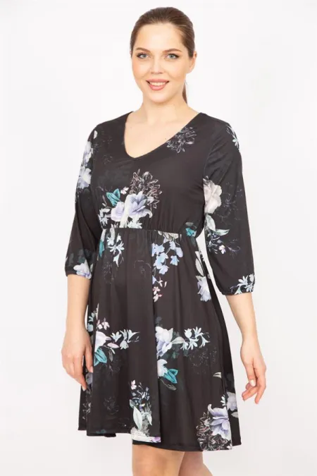 Kadın Siyah V Yakalı Bel Ve Kol Ağzı Lastikli Elbise 26A35828