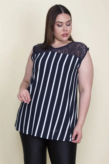 Kadın Lacivert Roba Dantelli Çizgili Bluz 65N25567